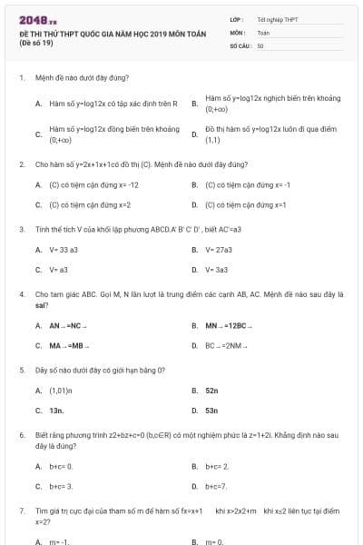 ĐỀ THI THỬ THPT QUỐC GIA NĂM HỌC 2019 MÔN TOÁN (Đề số 19)