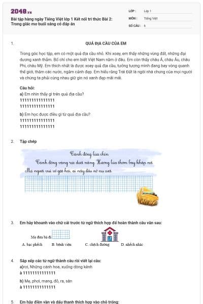 Bài tập hàng ngày Tiếng Việt lớp 1 Kết nối tri thức Bài 2: Trong giấc mơ buổi sáng có đáp án