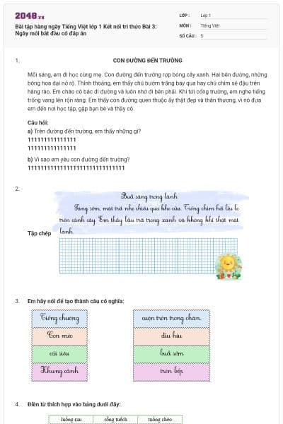 Bài tập hàng ngày Tiếng Việt lớp 1 Kết nối tri thức Bài 3: Ngày mới bắt đầu có đáp án