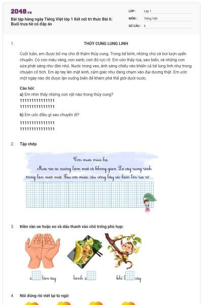 Bài tập hàng ngày Tiếng Việt lớp 1 Kết nối tri thức Bài 6: Buổi trưa hè có đáp án