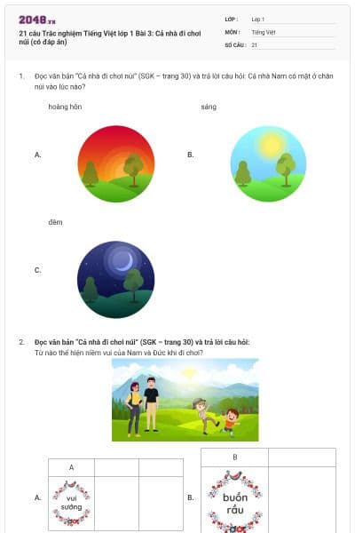 21 câu Trắc nghiệm Tiếng Việt lớp 1 Bài 3: Cả nhà đi chơi núi (có đáp án)