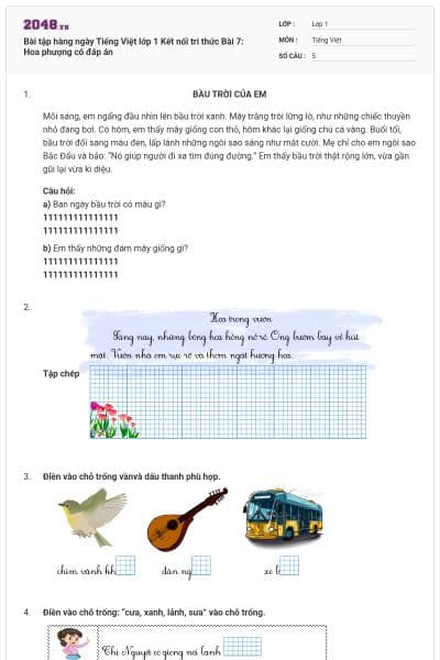 Bài tập hàng ngày Tiếng Việt lớp 1 Kết nối tri thức Bài 7: Hoa phượng có đáp án