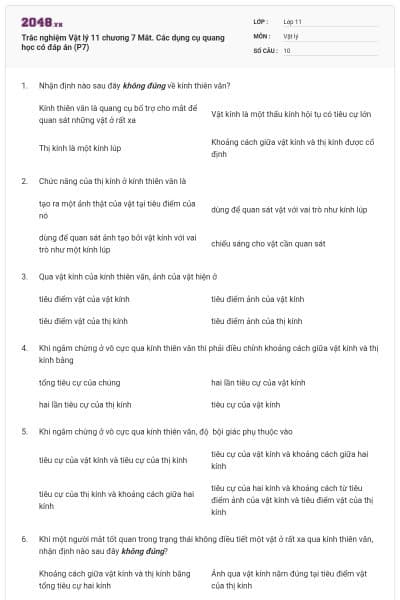 Trắc nghiệm Vật lý 11 chương 7 Mắt. Các dụng cụ quang học có đáp án (P7)