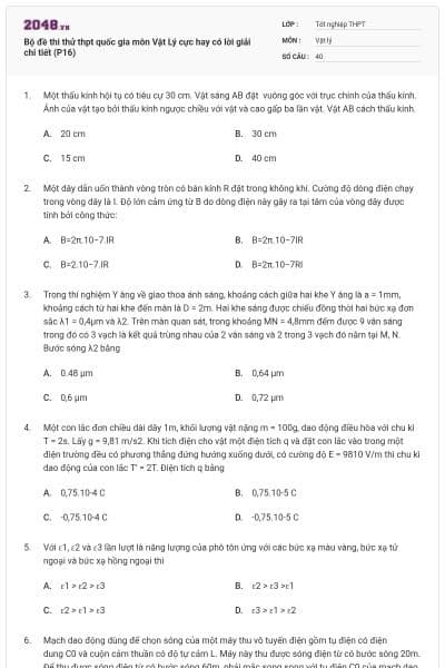 Bộ đề thi thử thpt quốc gia môn Vật Lý cực hay có lời giải chi tiết (P16)
