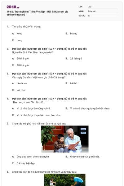 19 câu Trắc nghiệm Tiếng Việt lớp 1 Bài 5: Bữa cơm gia đình (có đáp án)