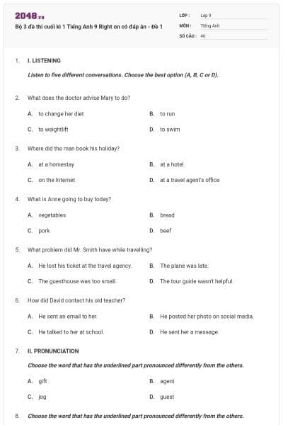 Bộ 3 đề thi cuối kì 1 Tiếng Anh 9 Right on có đáp án - Đề 1