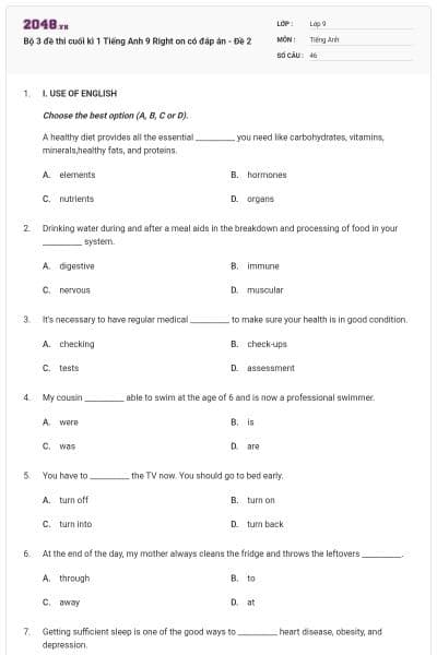 Bộ 3 đề thi cuối kì 1 Tiếng Anh 9 Right on có đáp án - Đề 2