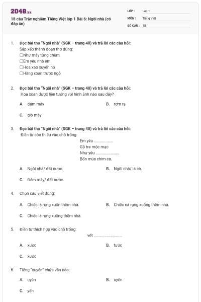 18 câu Trắc nghiệm Tiếng Việt lớp 1 Bài 6: Ngôi nhà (có đáp án)