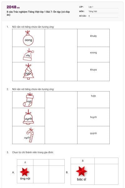 8 câu Trắc nghiệm Tiếng Việt lớp 1 Bài 7: Ôn tập (có đáp án)