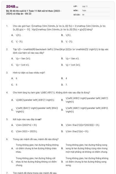 Bộ 30 đề thi cuối kì 1 Toán 11 Kết nối tri thức (2023 - 2024) có đáp án - Đề 23