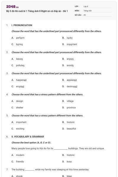 Bộ 5 đề thi cuối kì 1 Tiếng Anh 8 Right on có đáp án - Đề 1