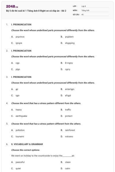 Bộ 5 đề thi cuối kì 1 Tiếng Anh 8 Right on có đáp án - Đề 2