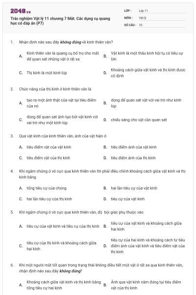 Trắc nghiệm Vật lý 11 chương 7 Mắt. Các dụng cụ quang học có đáp án (P7)