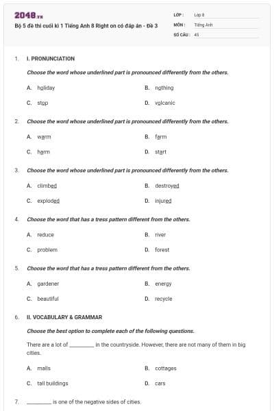 Bộ 5 đề thi cuối kì 1 Tiếng Anh 8 Right on có đáp án - Đề 3
