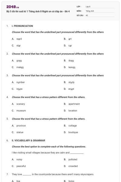 Bộ 5 đề thi cuối kì 1 Tiếng Anh 8 Right on có đáp án - Đề 4