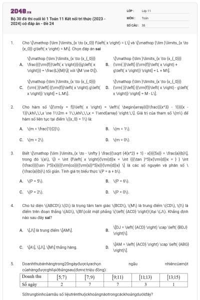 Bộ 30 đề thi cuối kì 1 Toán 11 Kết nối tri thức (2023 - 2024) có đáp án - Đề 24