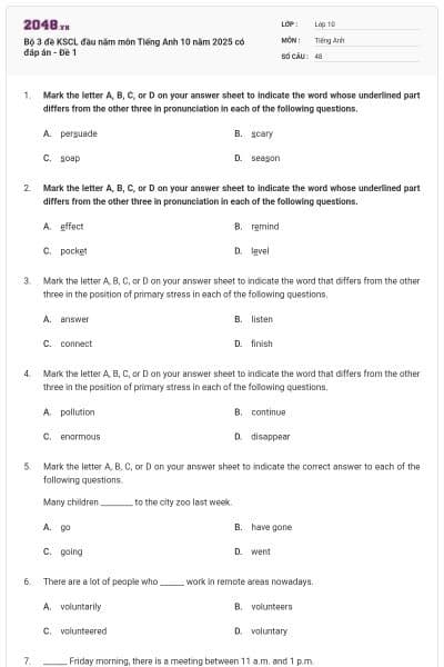 Bộ 3 đề KSCL đầu năm môn Tiếng Anh 10 năm 2025 có đáp án - Đề 1