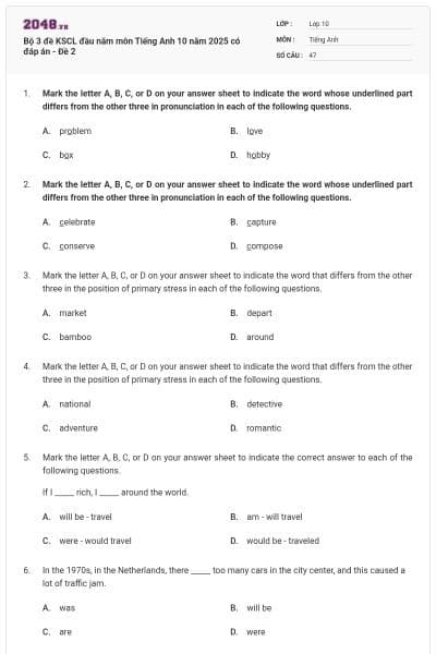 Bộ 3 đề KSCL đầu năm môn Tiếng Anh 10 năm 2025 có đáp án - Đề 2