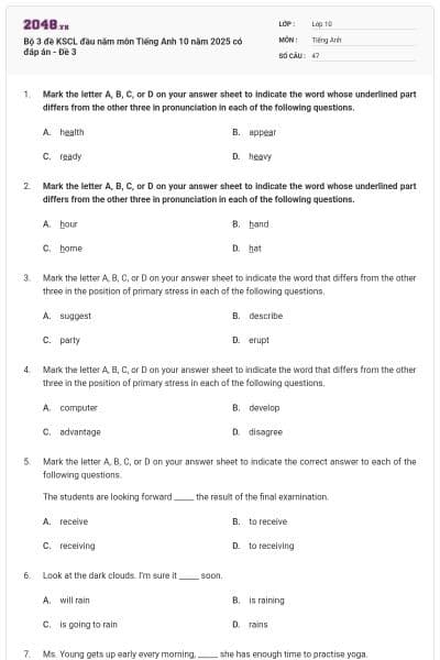 Bộ 3 đề KSCL đầu năm môn Tiếng Anh 10 năm 2025 có đáp án - Đề 3