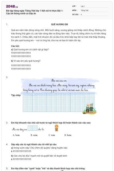 Bài tập hàng ngày Tiếng Việt lớp 1 Kết nối tri thức Bài 1: Cậu bé thông minh có đáp án