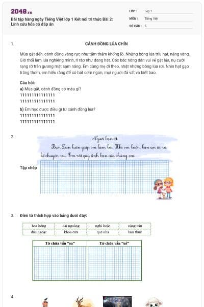 Bài tập hàng ngày Tiếng Việt lớp 1 Kết nối tri thức Bài 2: Lính cứu hỏa có đáp án