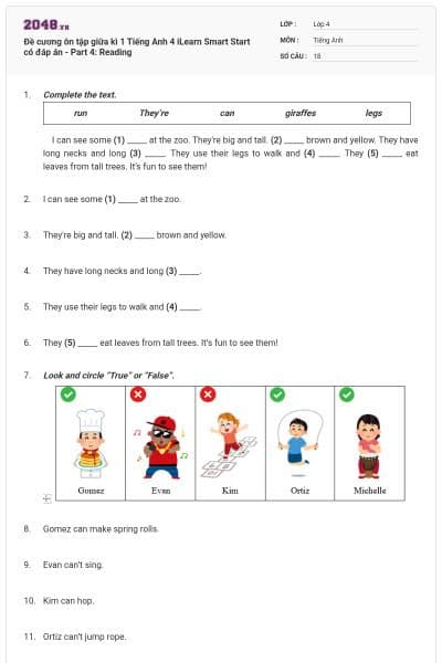 Đề cương ôn tập giữa kì 1 Tiếng Anh 4 iLearn Smart Start có đáp án - Part 4: Reading