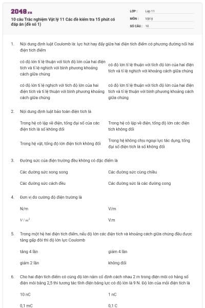 10 câu Trắc nghiệm Vật lý 11 Các đề kiểm tra 15 phút có đáp án (đề số 1)