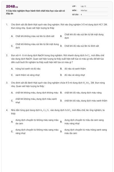 4 Câu trắc nghiệm thực hành tính chất hóa học của sắt có đáp án