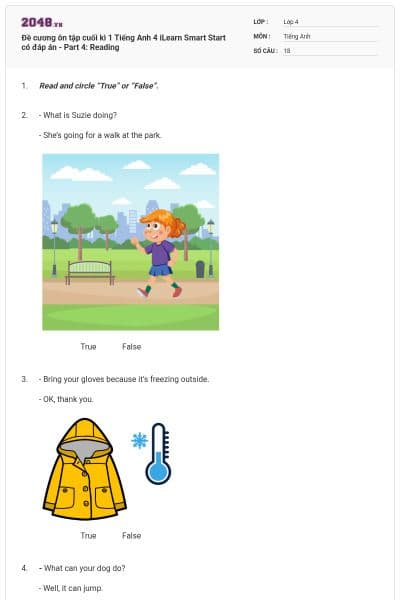 Đề cương ôn tập cuối kì 1 Tiếng Anh 4 iLearn Smart Start có đáp án - Part 4: Reading