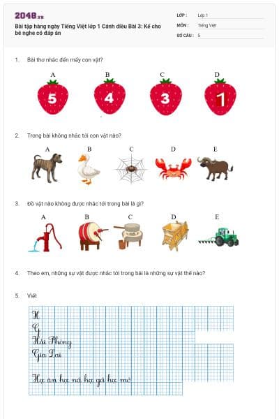 Bài tập hàng ngày Tiếng Việt lớp 1 Cánh diều Bài 3: Kể cho bé nghe có đáp án