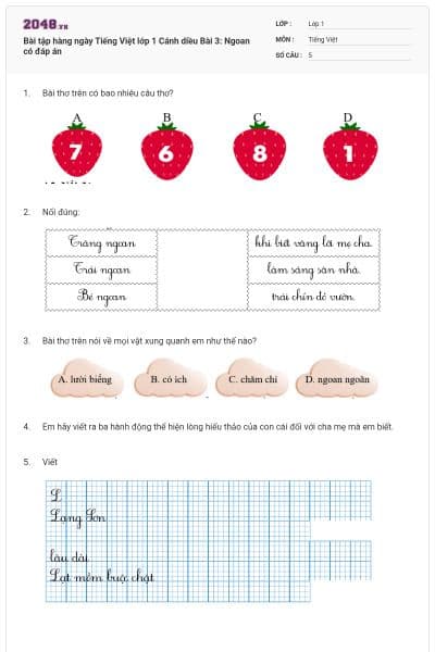Bài tập hàng ngày Tiếng Việt lớp 1 Cánh diều Bài 3: Ngoan có đáp án
