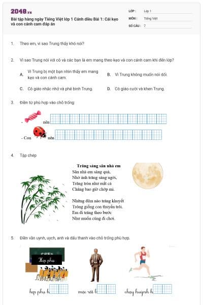 Bài tập hàng ngày Tiếng Việt lớp 1 Cánh diều Bài 1: Cái kẹo và con cánh cam đáp án