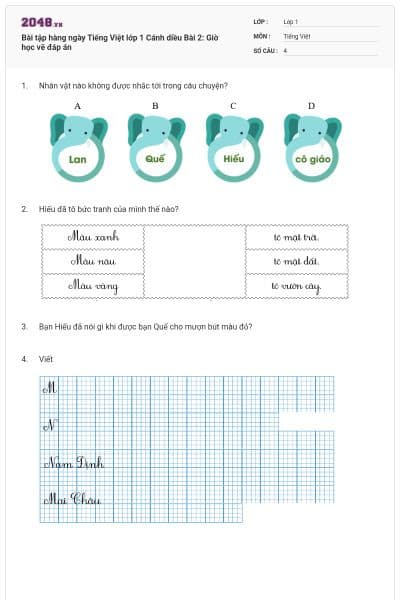Bài tập hàng ngày Tiếng Việt lớp 1 Cánh diều Bài 2: Giờ học vẽ đáp án