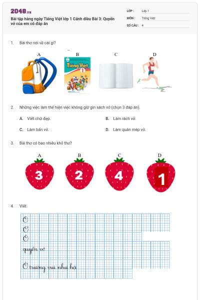 Bài tập hàng ngày Tiếng Việt lớp 1 Cánh diều Bài 3: Quyển vở của em có đáp án