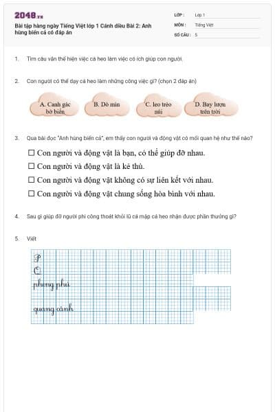 Bài tập hàng ngày Tiếng Việt lớp 1 Cánh diều Bài 2: Anh hùng biển cả có đáp án