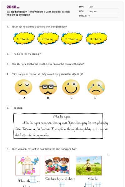 Bài tập hàng ngày Tiếng Việt lớp 1 Cánh diều Bài 1: Ngôi nhà ấm áp có đáp án