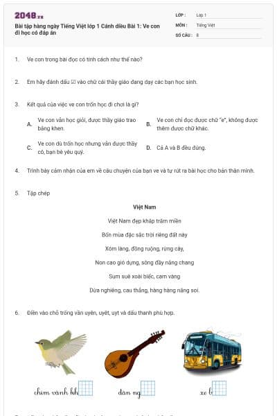 Bài tập hàng ngày Tiếng Việt lớp 1 Cánh diều Bài 1: Ve con đi học có đáp án