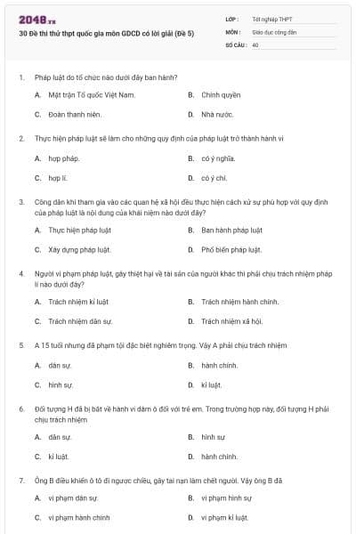 30 Đề thi thử thpt quốc gia môn GDCD có lời giải (Đề 5)