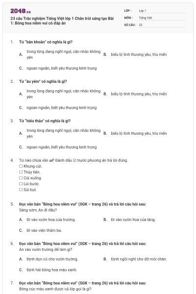 23 câu Trắc nghiệm Tiếng Việt lớp 1 Chân trời sáng tạo Bài 1: Bông hoa niềm vui có đáp án
