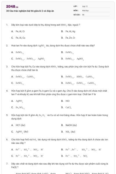 30 Câu trắc nghiệm bài thi giữa kì 2 có đáp án