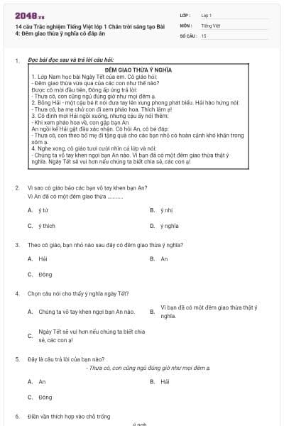 14 câu Trắc nghiệm Tiếng Việt lớp 1 Chân trời sáng tạo Bài 4: Đêm giao thừa ý nghĩa có đáp án