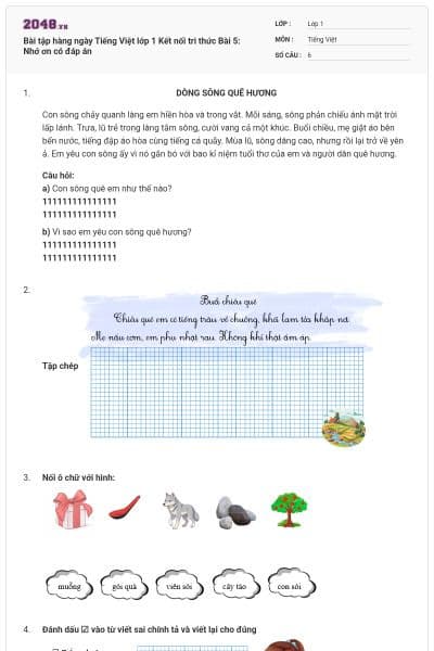 Bài tập hàng ngày Tiếng Việt lớp 1 Kết nối tri thức Bài 5: Nhớ ơn có đáp án