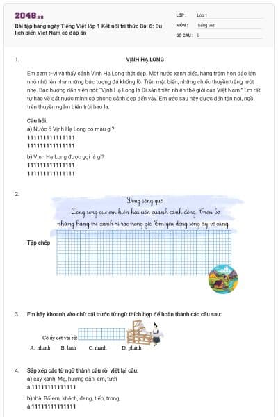 Bài tập hàng ngày Tiếng Việt lớp 1 Kết nối tri thức Bài 6: Du lịch biển Việt Nam có đáp án