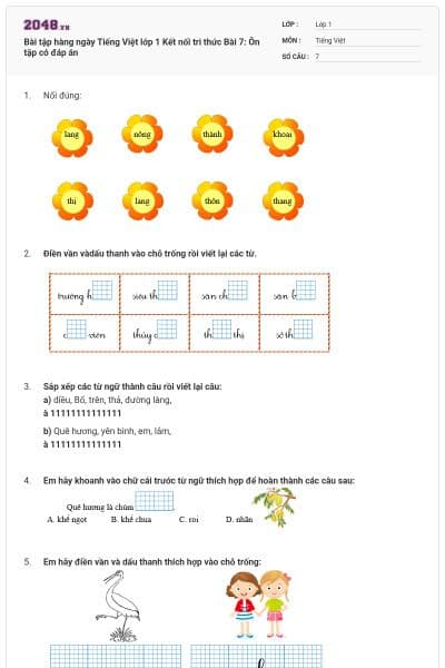 Bài tập hàng ngày Tiếng Việt lớp 1 Kết nối tri thức Bài 7: Ôn tập có đáp án