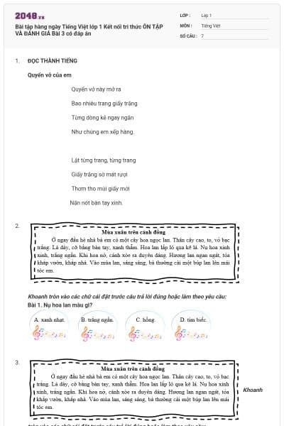 Bài tập hàng ngày Tiếng Việt lớp 1 Kết nối tri thức ÔN TẬP VÀ ĐÁNH GIÁ Bài 3 có đáp án