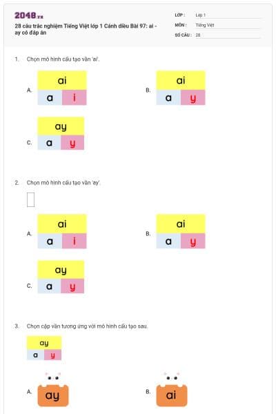 28 câu trắc nghiệm Tiếng Việt lớp 1 Cánh diều Bài 97: ai - ay có đáp án