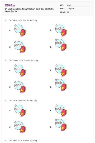 21 câu trắc nghiệm Tiếng Việt lớp 1 Cánh diều Bài 99: Ôn tập có đáp án