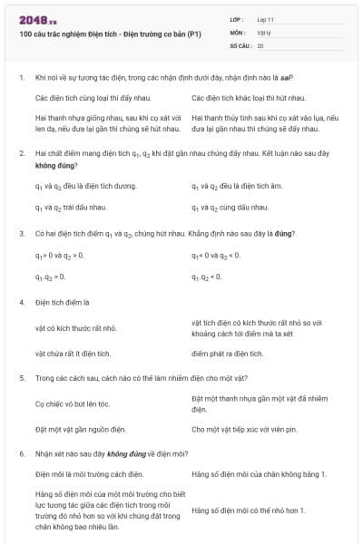 100 câu trắc nghiệm Điện tích - Điện trường cơ bản (P1)