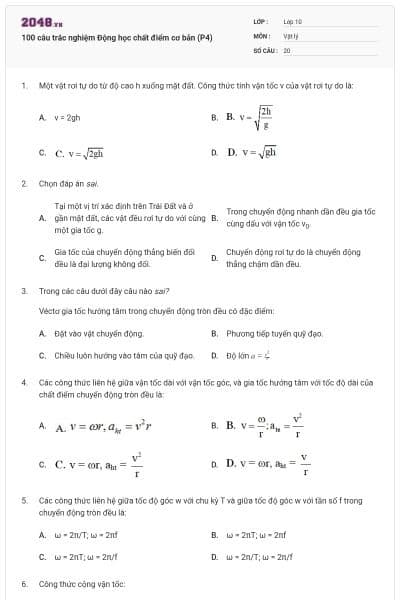 100 câu trắc nghiệm Động học chất điểm cơ bản (P4)