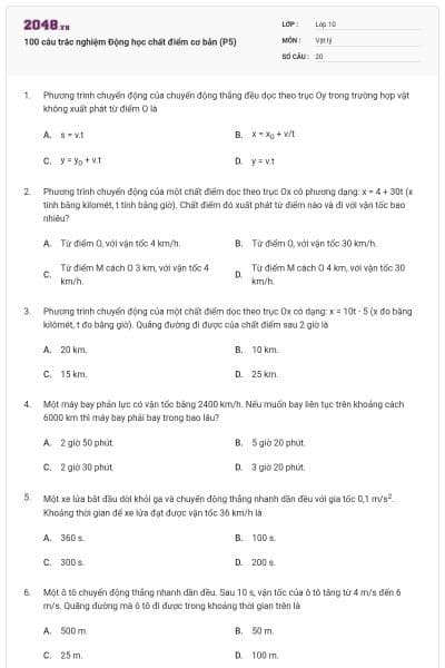 100 câu trắc nghiệm Động học chất điểm cơ bản (P5)